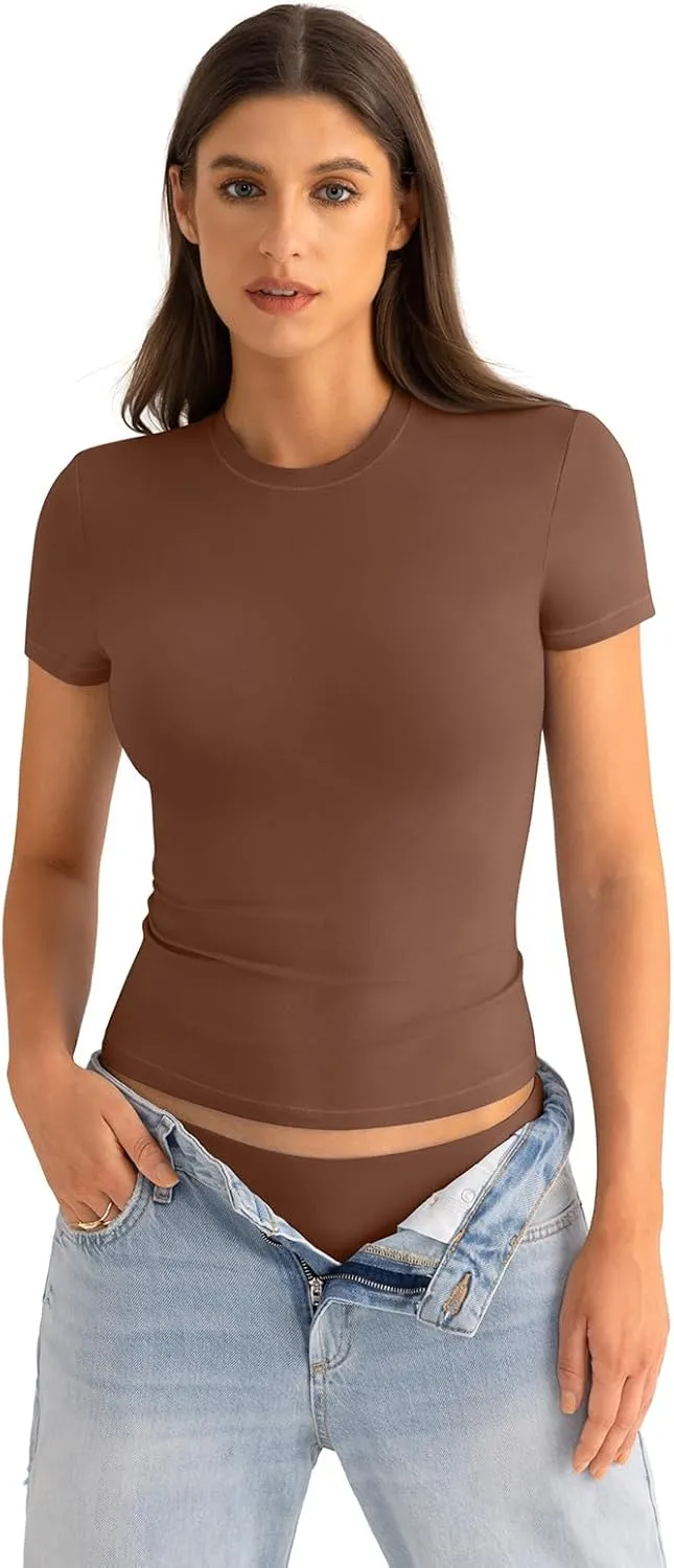 Womens Cotton Crew Neck Short Sleeve Shirts Summer Top Fashion Round Neck Crop Tops Basic Going Out Tee