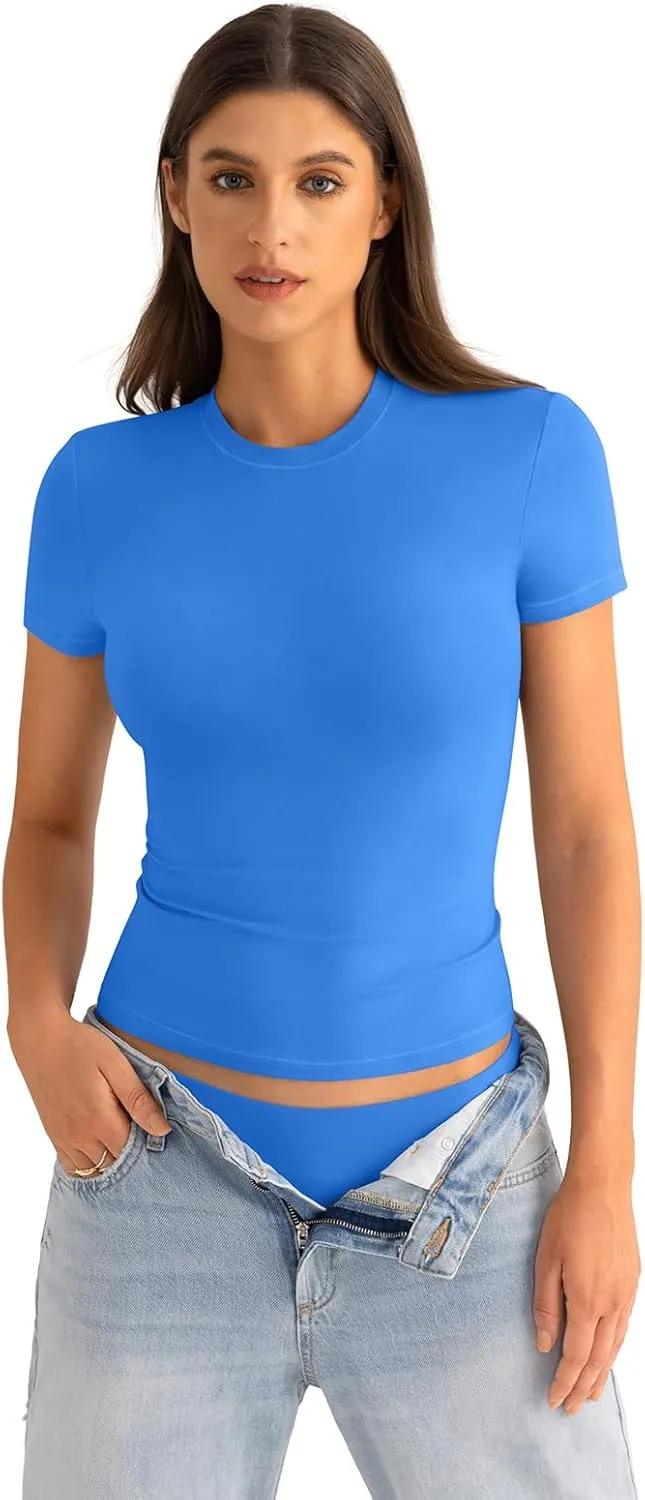 Womens Cotton Crew Neck Short Sleeve Shirts Summer Top Fashion Round Neck Crop Tops Basic Going Out Tee
