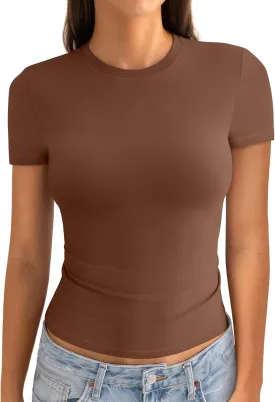 Womens Cotton Crew Neck Short Sleeve Shirts Summer Top Fashion Round Neck Crop Tops Basic Going Out Tee