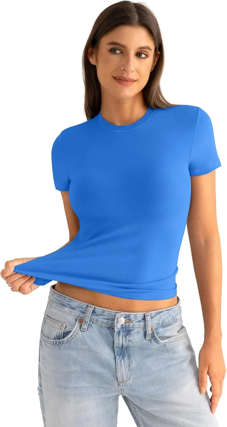 Womens Cotton Crew Neck Short Sleeve Shirts Summer Top Fashion Round Neck Crop Tops Basic Going Out Tee