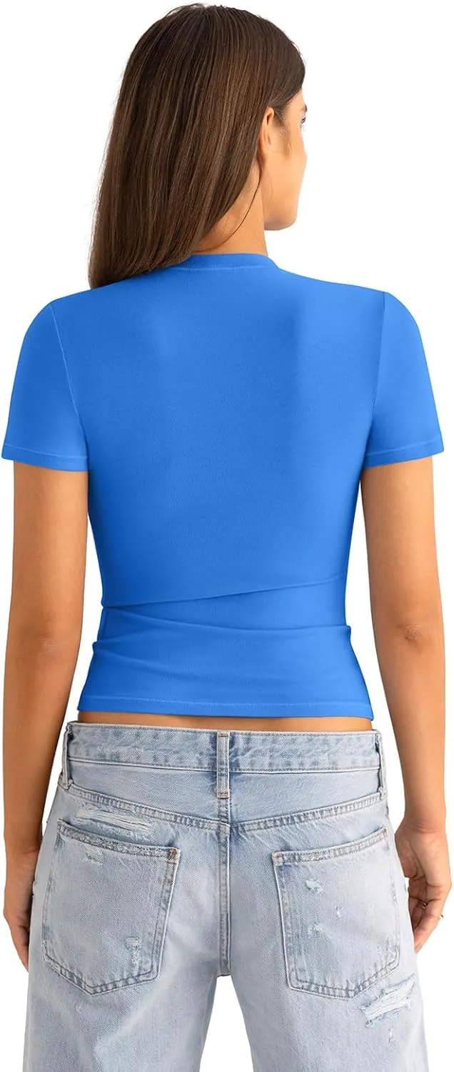Womens Cotton Crew Neck Short Sleeve Shirts Summer Top Fashion Round Neck Crop Tops Basic Going Out Tee