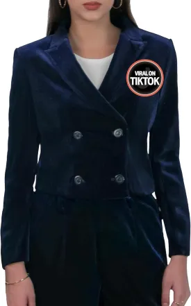 Women's Cropped Velvet Blazer  Elegant Open Front Dressy Jacket with Long Sleeves, Business Casual Blazer for Work