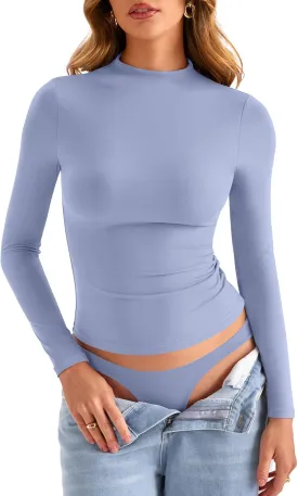 Womens Double Lined Mock Turtle Neck Long Sleeve Tops Slim Fitted Going Out Tops Basic T Shirts