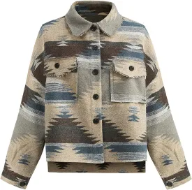 Women's Vintage Aztec Print Pattern Loose Shacket Button Down Long Sleeve Woolen Jacket Shirts Coat