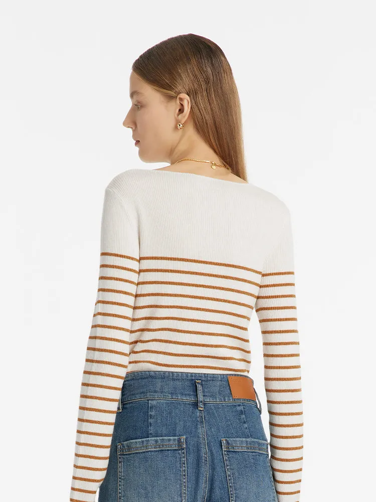Wool Striped Boatneck Slim Women Sweater