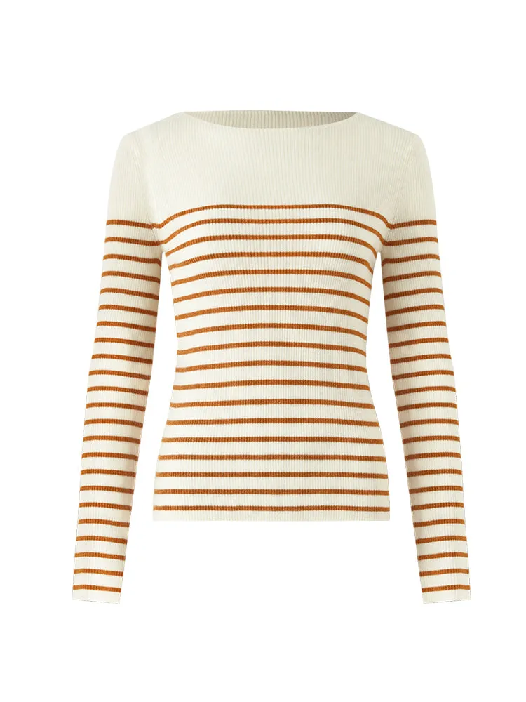 Wool Striped Boatneck Slim Women Sweater