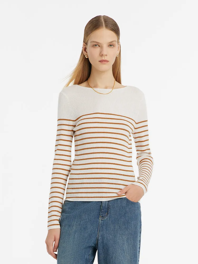 Wool Striped Boatneck Slim Women Sweater