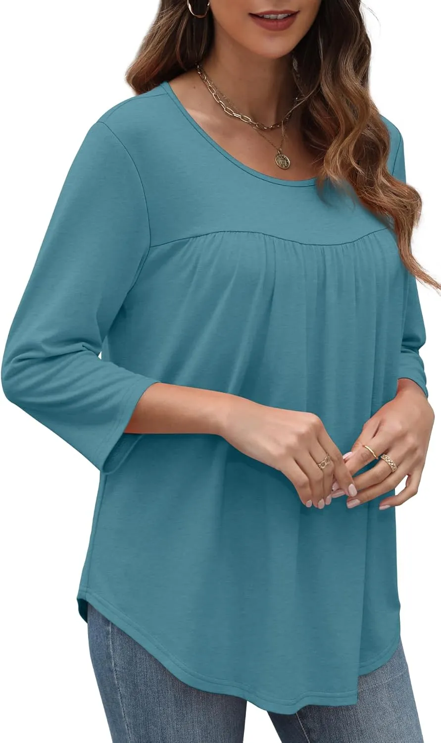 XIEERDUO 3/4 Length Sleeve Womens Tops Crew Neck Pleated Blouses For Women Dressy Casual Tunic Shirts S-3XL