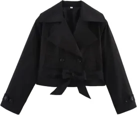 Xunger Women's Stylish Short Trench Coat Bow Belt Casual Long Sleeve Jacket Lightweight Spring Fall Windbreaker with Pockets