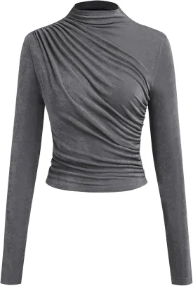 ZAFUL Womens 2024 Fall Long Sleeve Ruched Tops Mock Neck Trendy Blouses Casual Tight Shirts