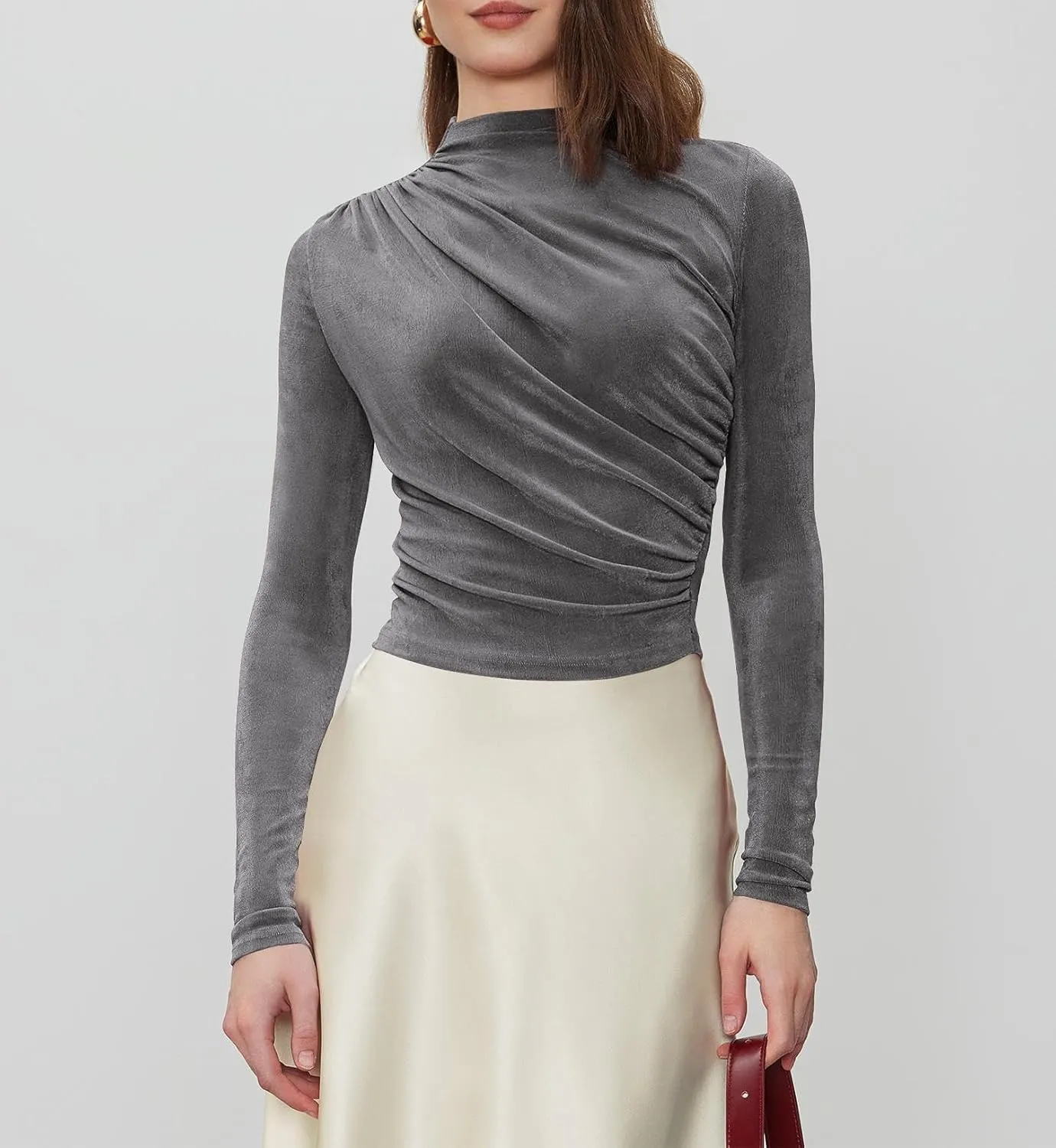 ZAFUL Womens 2024 Fall Long Sleeve Ruched Tops Mock Neck Trendy Blouses Casual Tight Shirts