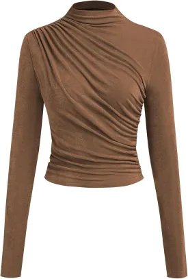 ZAFUL Womens 2024 Fall Long Sleeve Ruched Tops Mock Neck Trendy Blouses Casual Tight Shirts