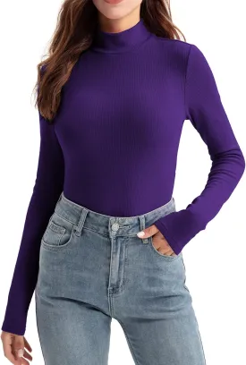 Zengjo Womens Mock Neck Long Sleeve Tops Ribbed Thermal Baselayer Shirt Stretch